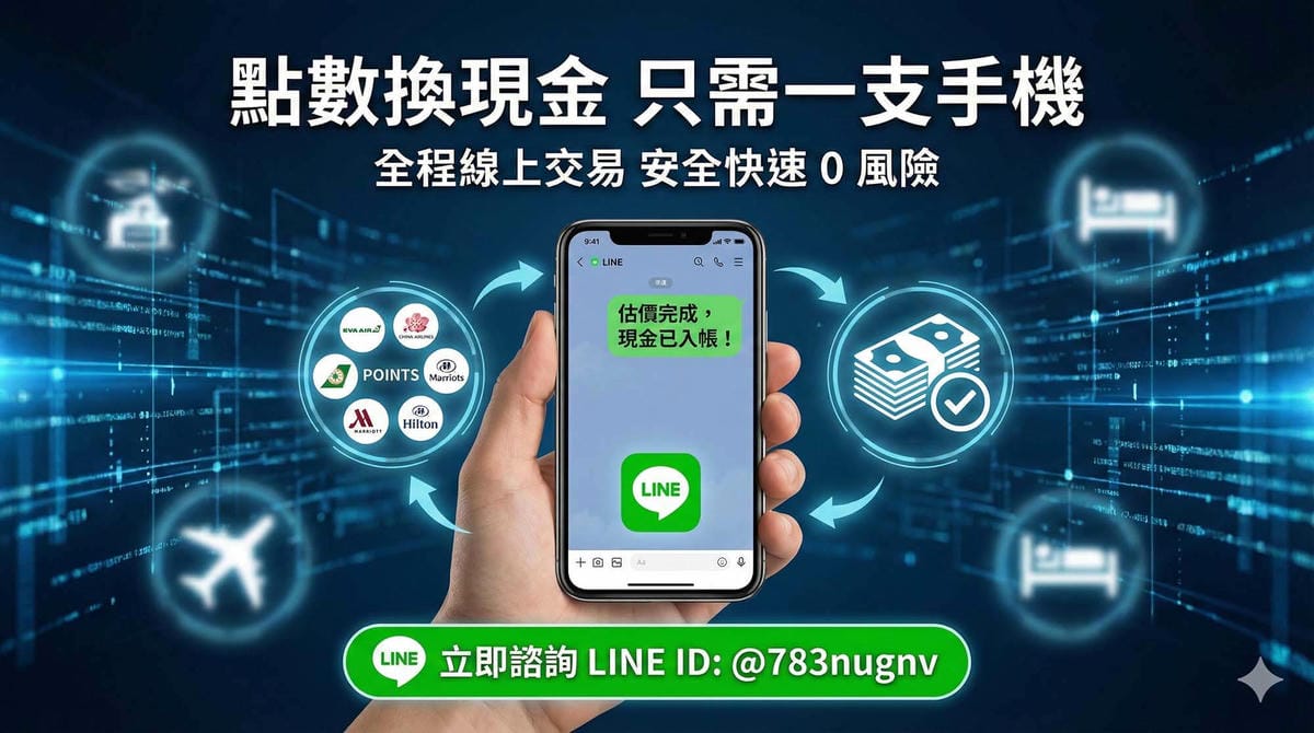萬豪點數收購行情 2025|賣點數前必看 4 大重點 - 第1張圖 手機 LINE 線上收購哩程點數流程圖示,顯示將長榮華航、萬豪希爾頓點數透過 LINE 專員快速估價並兌換成現金匯款,強調全程線上安全交易零風險,底部有 LINE ID @783nugnv 立即諮詢按鈕。
