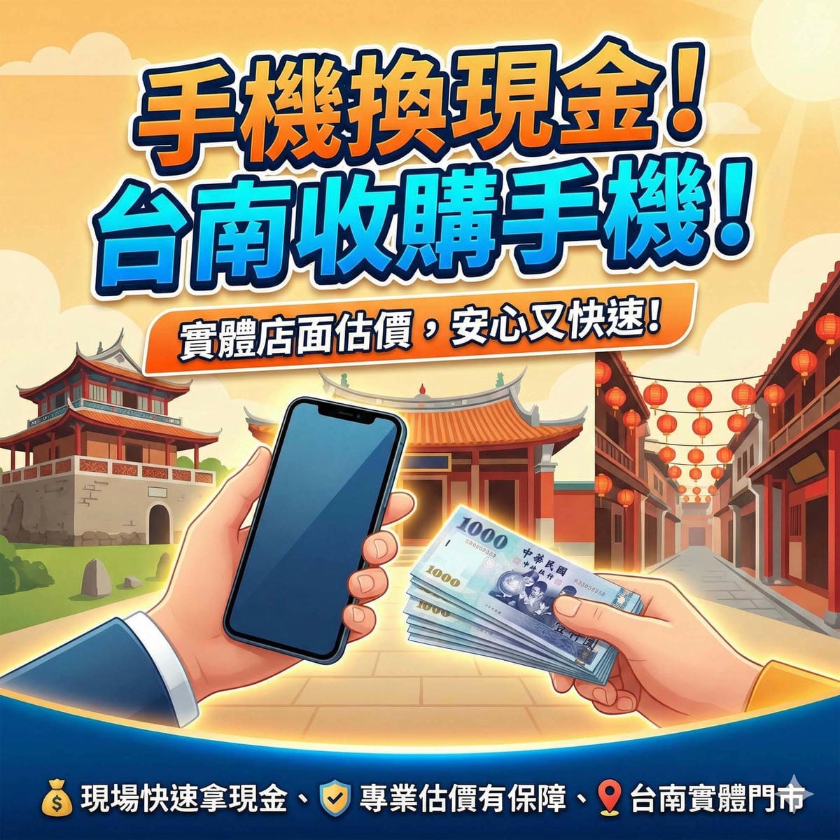 台南西門路藍晒圖附近的實體手機收購門市交易實況 / Real transaction scene at a physical mobile phone buyback store near Blueprint Culture & Creative Park on Ximen Road, Tainan.